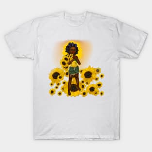 Anime Afro anime sunflower wielding warrior princess with Bantu knots - beautiful girl with Afro hair, brown eyes and dark brown skin T-Shirt